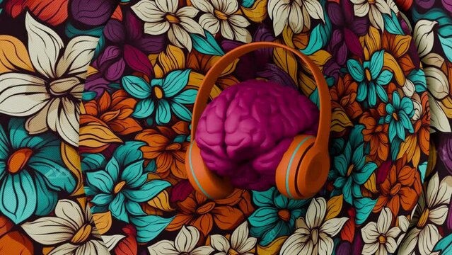 the mood of spring, the human brain in headphones, dancing and listening to music, concept, 3D rendering