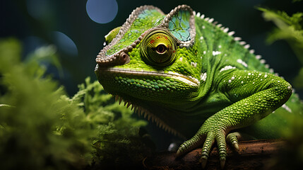 Fototapeta premium Close Up of a Green Chameleon Among Ferns