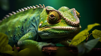 Obraz premium A Vivid Green Chameleon with Yellow Stripes Perched Among Leaves