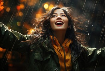 Happy woman dancing on the rain - autumn style