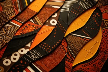 Colorful tribal pattern feathers arranged in closeup. Traditional art and craftsmanship.