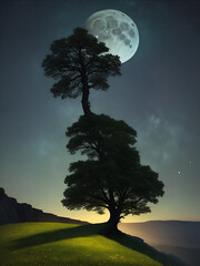 a lone large tree in a green meadow above a cliff, against the night sky