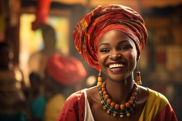 Smiling woman in traditional African attire with vibrant colors. Cultural diversity.