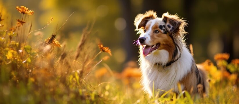 Australian shepherd using its sense of smell to search for food.