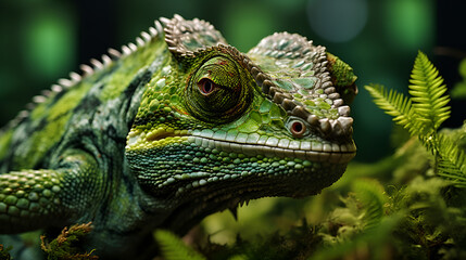 Obraz premium A Chameleon Among Leaves Showcasing Its Textured Skin and Detailed Eye