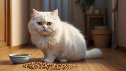 Cute fluffy cat, dry food, at home