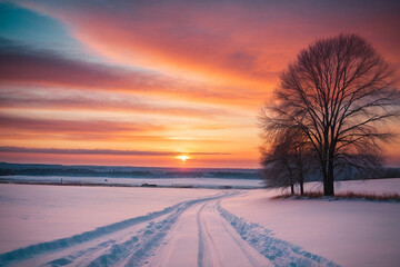 Beautiful winter sunset with colorful sky - 688849380