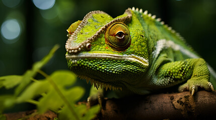 Obraz premium Green Chameleon Perched on a Branch in a Dense Forest Setting