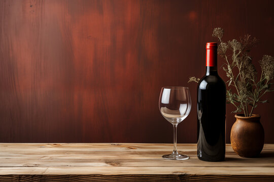 Bottle of wine and a glass on a wooden table with a vase of dried flowers. The image is framed by a dark red background. With copy space to the left. Concept of celebration or invitation