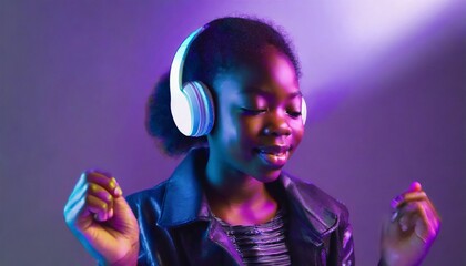 Teenager model wearing headphones listening dj music dancing