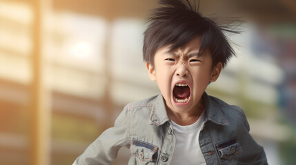 Angry boy screaming, upset, sad, negative attitude.Stressed child with bad behavior stubborn. mental health. Autism kid. ADHD concept.
