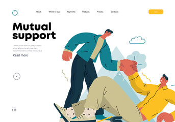 Mutual Support: Helping a fallen person get up -modern flat vector concept illustration of man assisting another man to stand up A metaphor of voluntary, collaborative exchanges of resource, services - obrazy, fototapety, plakaty