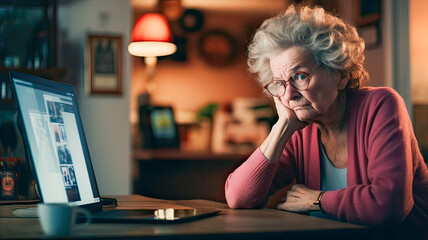 Serious elder, baffled by laptop.