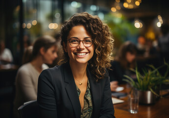 Obraz premium Smiling executive female manager in business cafe