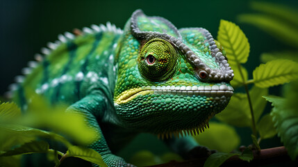 Obraz premium Vibrant Green Chameleon Perched on a Branch Amidst Leaves