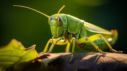 Close Up of Green Grasshopper Perched on a Branch with a Leaf
