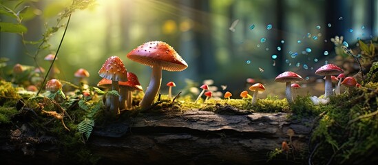 A beautiful mushroom variety and a vibrant beetle peacefully coexist in nature's wonderland, showing the beauty of diversity.