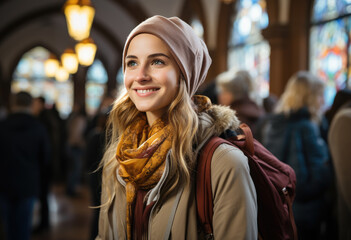 Obraz premium Blond young woman smiling at the train station
