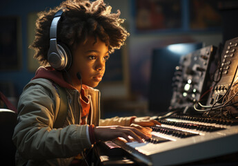 African american kid create piano sound in music studio