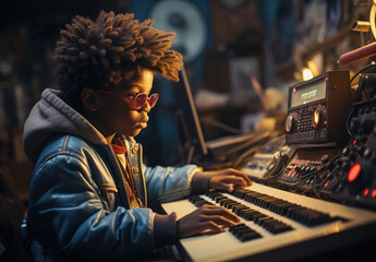African american kid create music in studio - obrazy, fototapety, plakaty