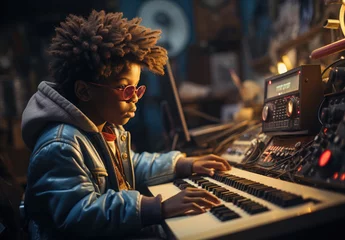 Poster African american kid create music in studio © Larisa AI