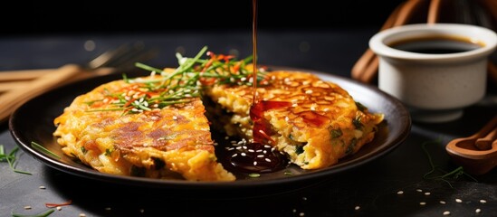 Kimchi pancake with soy dipping sauce, a Korean dish, being eaten on a plate. - obrazy, fototapety, plakaty