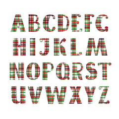 Capital hand drawn English alphabet  letters decorated with red, white, green chequered pattern, Christmas doodle style vector illustration, calligraphic abc, cute funny handwriting, cartoon lettering