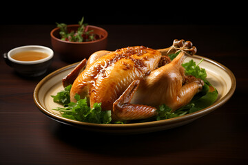 Roasted Chicken on Plate with Lettuce and Sauc