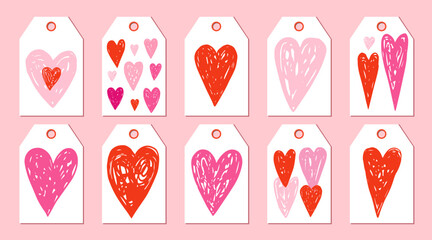 Vector set of cute hand drawn Valentine's Day gift tags, romantic cards with pink and red doodle hearts for wedding and Mother's Day designs. - 688851346
