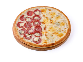 fresh appetizing pizza with sausage and cheese on a white background for food delivery website 1