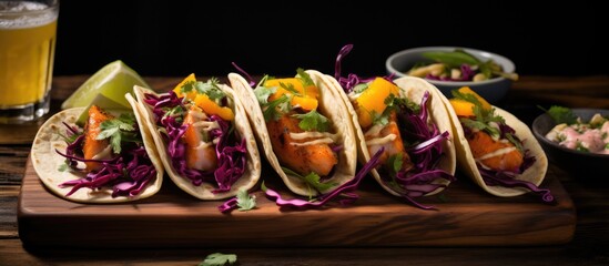 Salmon tacos board with mango-red cabbage salsa, beer, and hot honey.