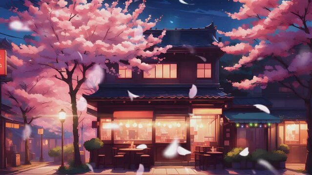 restaurant food in the town with cherry blossom trees in night. Cartoon or Japanese anime painting style. seamless looping 4K virtual video animation background.