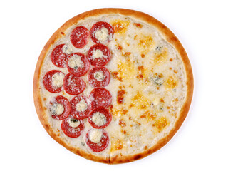 fresh appetizing pizza with sausage and cheese on a white background for food delivery website 2