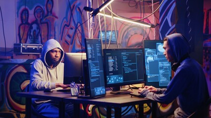 Hackers in hidden shelter hearing police sirens after launching DDoS attack on website, running in fear. Cybercriminals evading law enforcement after crashing businesses servers