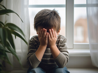 crying young boy covering his face with hands. frustrated, depressed, sadness