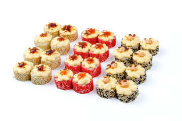 fresh appetizing baked rolls on a white background for food delivery site 7