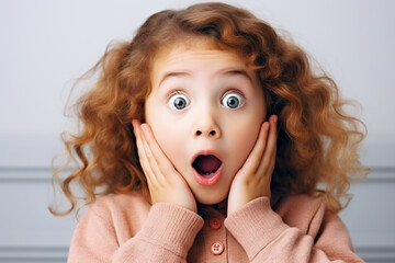 Shocking news. Shocked or surprised cute girl with open mouth touching her cheeks with hands, grey background
