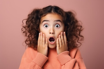 Shocking news. Shocked or surprised cute girl with open mouth touching her cheeks with hands, rose pink background