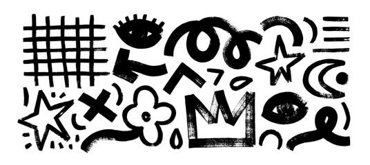Various grunge style shapes and bold lines collection. Hand drawn curved brush strokes.