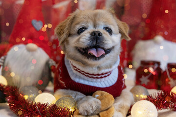Mały pies rasy Pekińczyk w świątecznym klimacie, Boże narodzeniez
