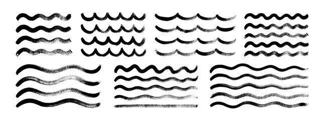 Brush-drawn bold wavy lines collection. Various curved stripes and wavy strokes.