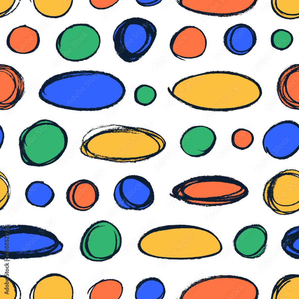 Fototapete naive playful abstract oval and circle shapes seamless pattern. multi colored charcoal ovals and cir