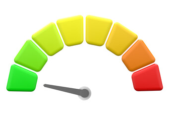 Minimal cartoon arrow point credit scale speed low status green speedometer icon performance, pointer rating risk levels, meter, tachometer on isolated background. 3d render