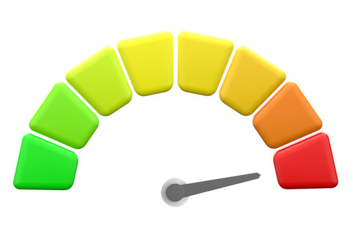 Arrow point scale speed high status red speedometer icon performance, pointer rating risk credit levels, meter, tachometer on isolated background. minimal cartoon. 3d rendering