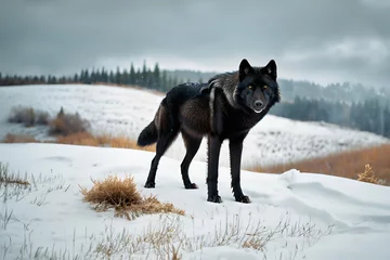 Fototapeten A black wolf in the snowy wilderness - Generative AI © alpermer