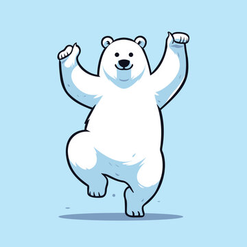 happy White Polar Bear Standing Tall on its legs, dancing with his arms up, cartoon mascot, logo vector design.