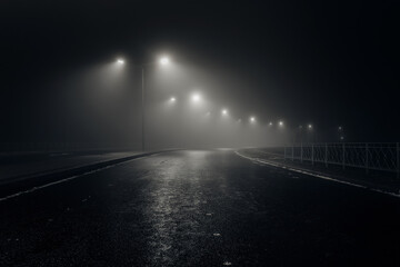Foggy misty night road illuminated by street lights - obrazy, fototapety, plakaty