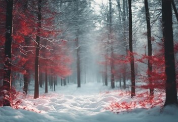 Colorful winter christmas forest in white and red snow with copy space abstract illustration