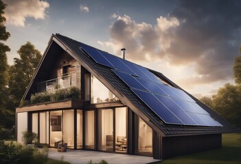 House with installed solar panels on roof Alternative energy source