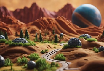 Plasticine art landscape with mountains and planets - obrazy, fototapety, plakaty